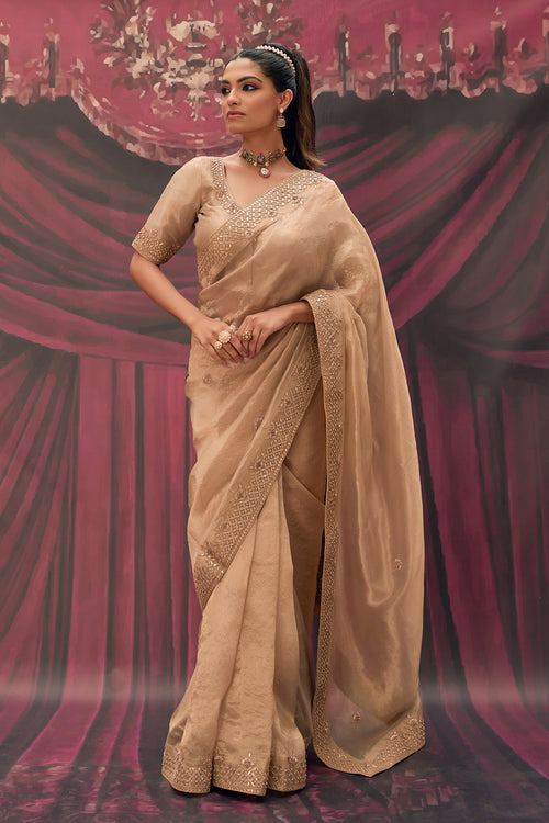 Antique Gold Pure Tissue Saree With Handcrafted Heavy Gota Patti Work