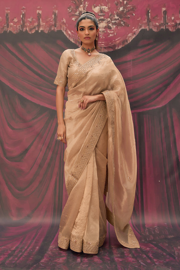 Antique Gold Pure Tissue Saree with Heavy Gota Patti Work