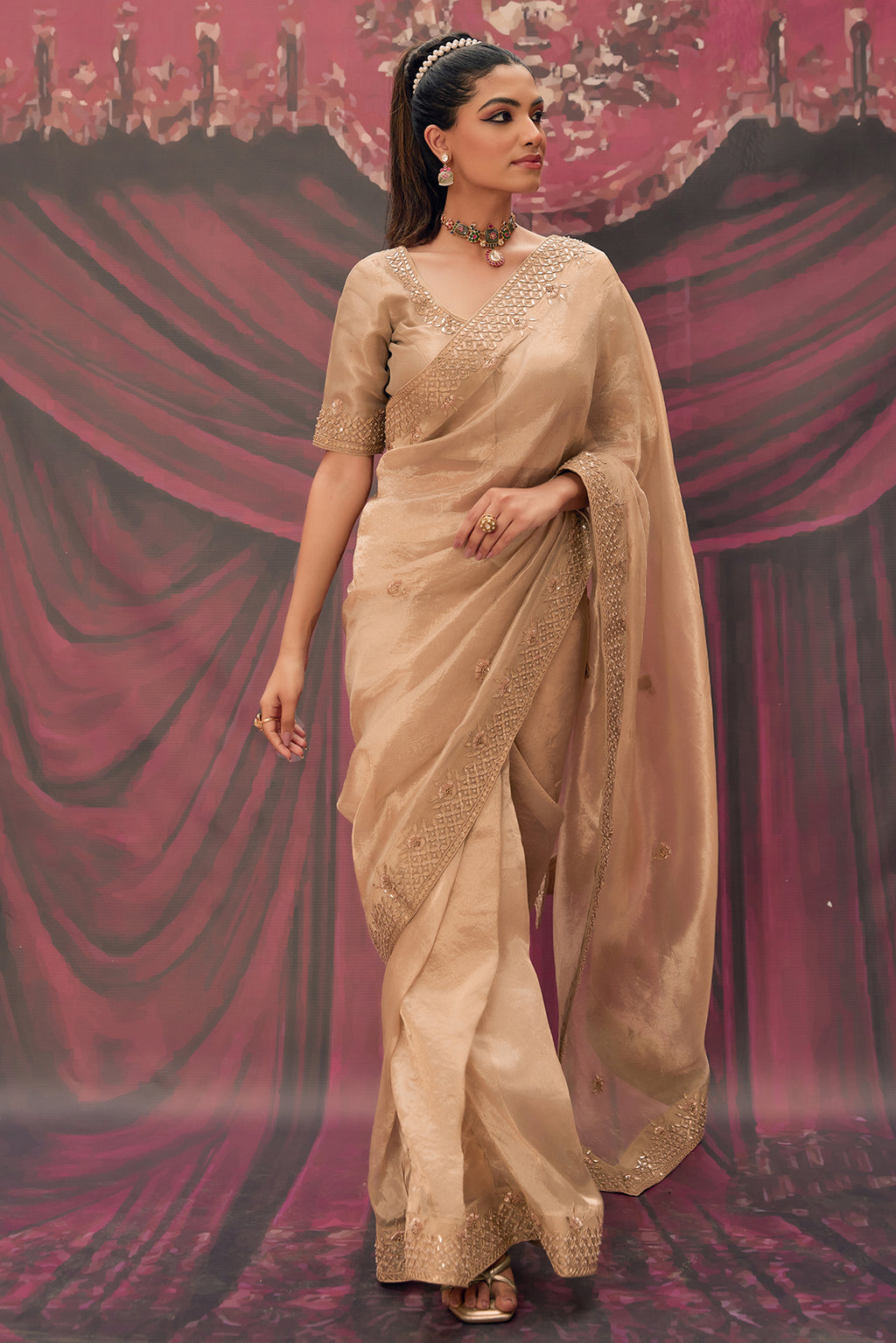Antique Gold Pure Tissue Saree With Handcrafted Heavy Gota Patti Work