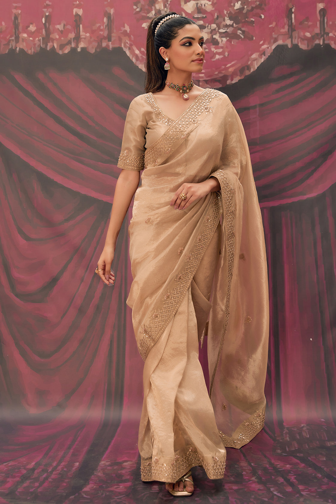 Antique Gold Pure Tissue Saree With Handcrafted Heavy Gota Patti Work