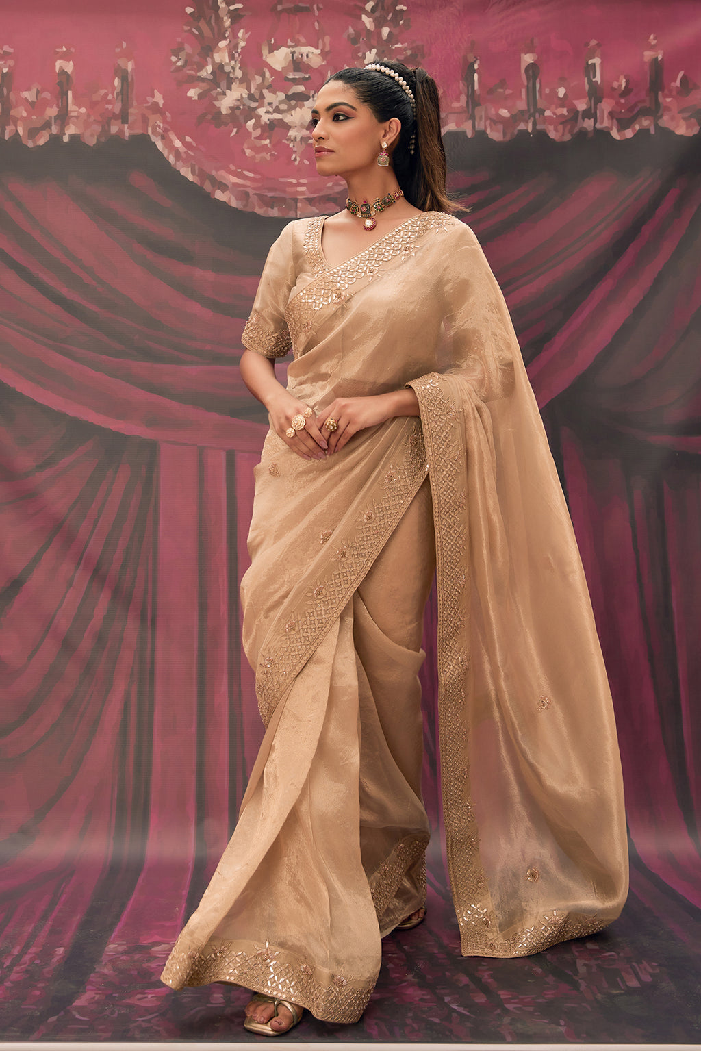 Antique Gold Pure Tissue Saree With Handcrafted Heavy Gota Patti Work