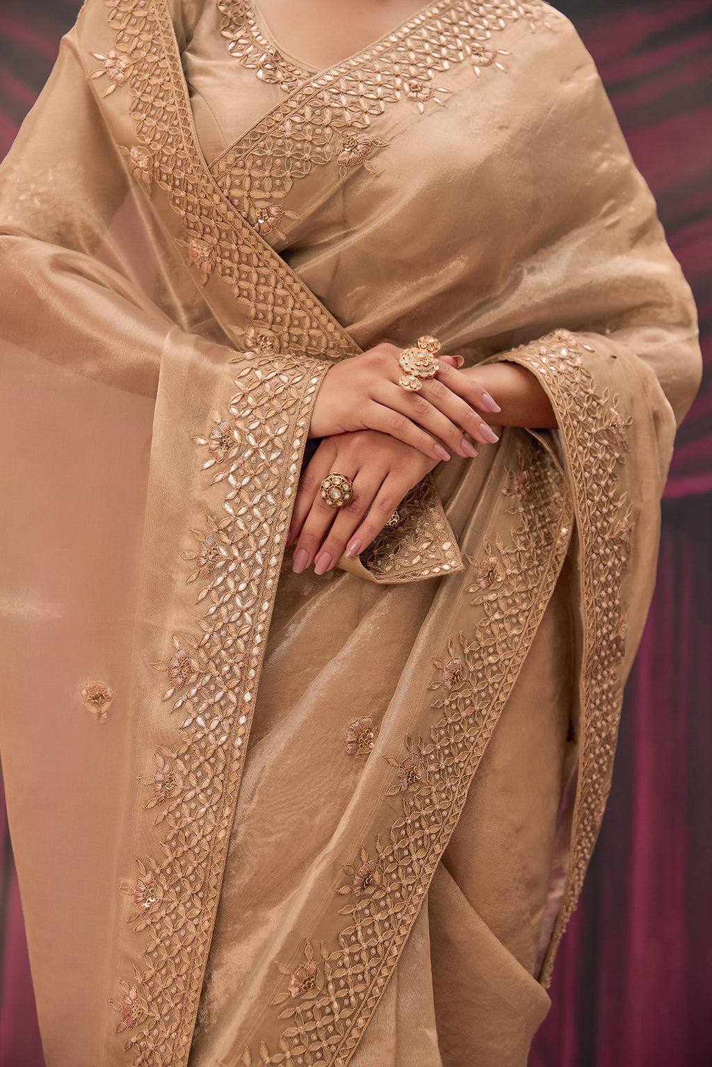 Antique Gold Pure Tissue Saree With Handcrafted Heavy Gota Patti Work