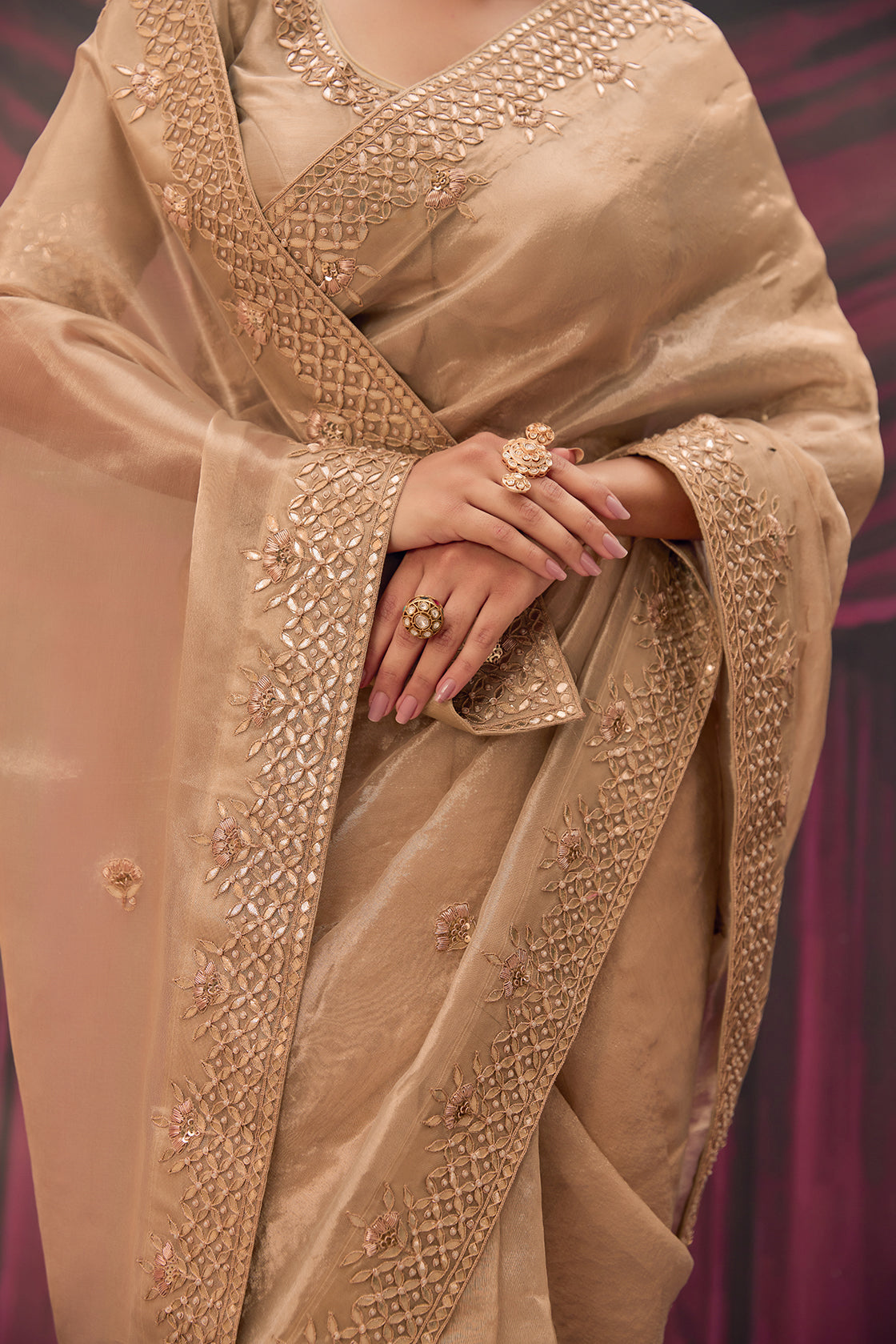 Antique Gold Pure Tissue Saree With Handcrafted Heavy Gota Patti Work