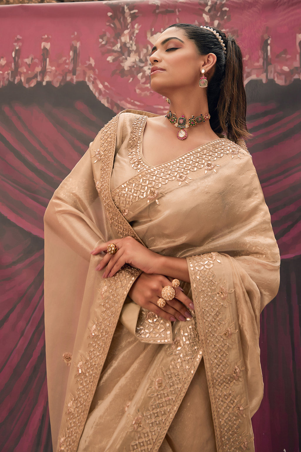 Antique Gold Pure Tissue Saree With Handcrafted Heavy Gota Patti Work