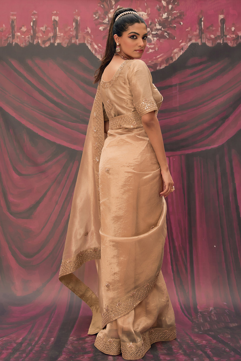 Antique Gold Pure Tissue Saree With Handcrafted Heavy Gota Patti Work