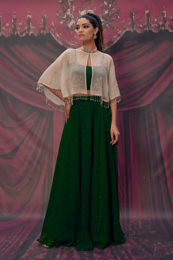 Green Chiffon Mukaish Lehenga with White Embroidered Cape