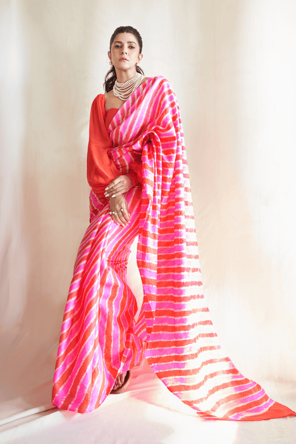 Nimrat Kaur in Pink Pure Tussar Silk Hand-Dyed Leheriya Saree