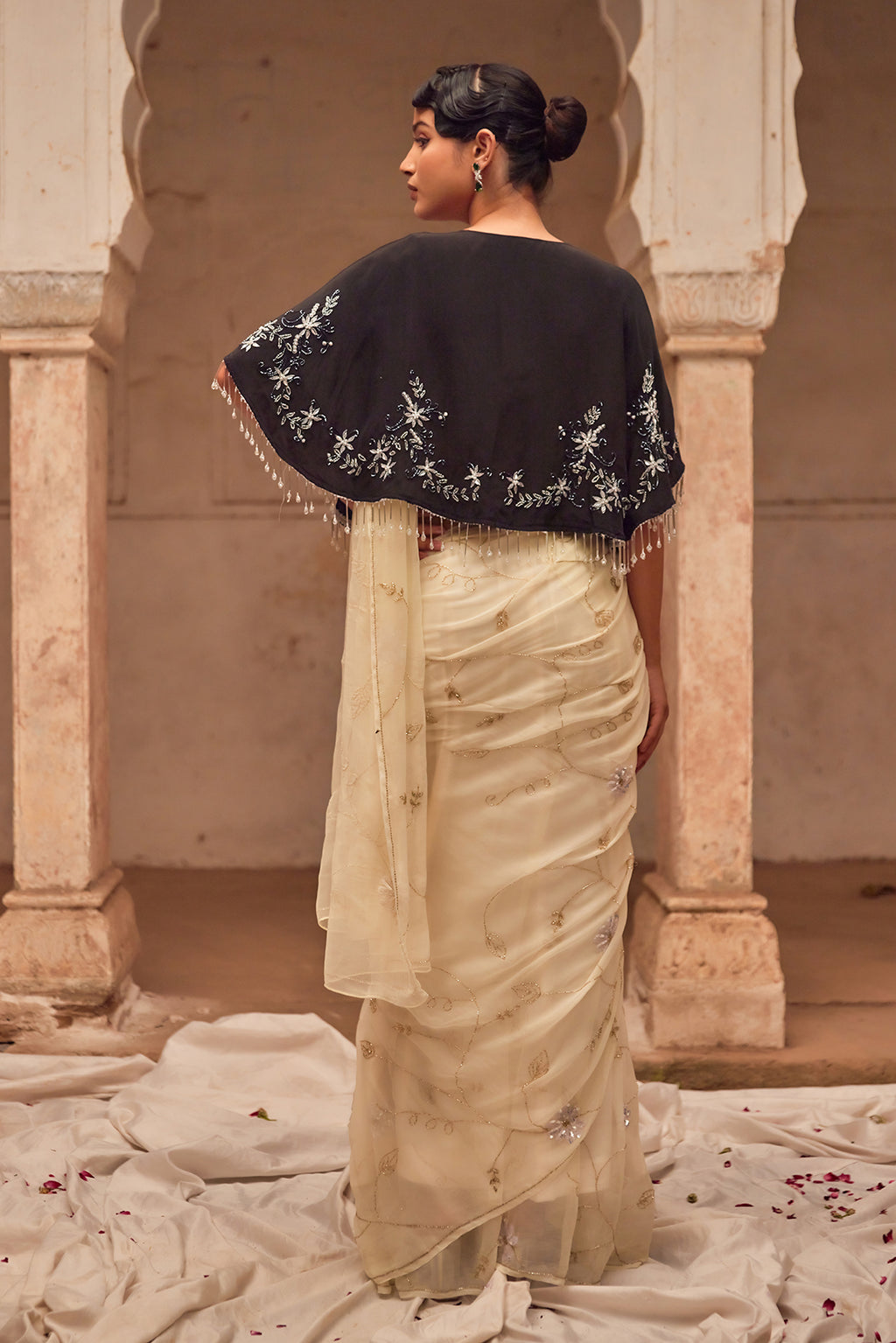 Off White Hand Embroidered  Chiffon Saree Set With Black Silk Cape