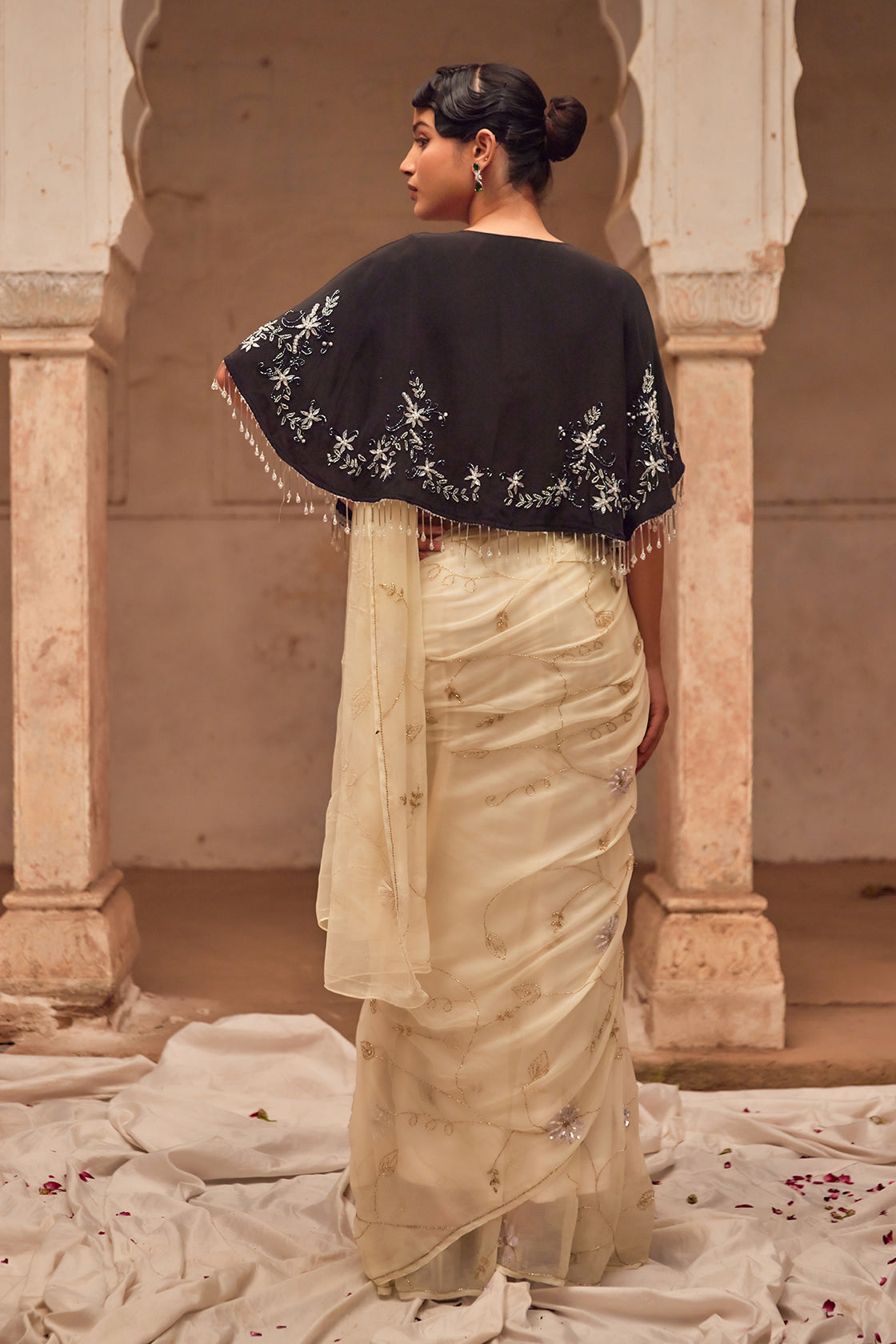 Off White Hand Embroidered  Chiffon Saree Set With Black Silk Cape