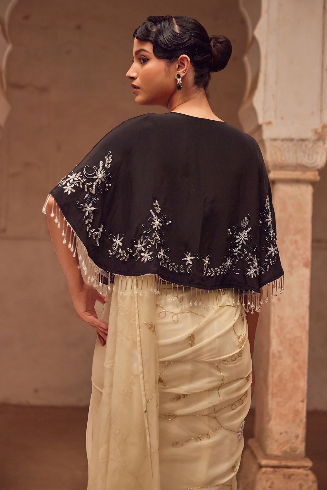 Off White Hand Embroidered  Chiffon Saree Set With Black Silk Cape