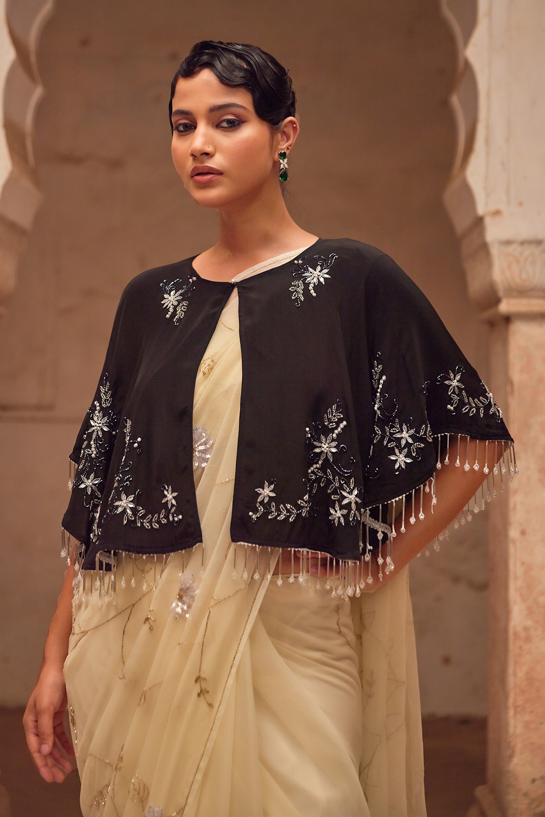Off White Hand Embroidered  Chiffon Saree Set With Black Silk Cape
