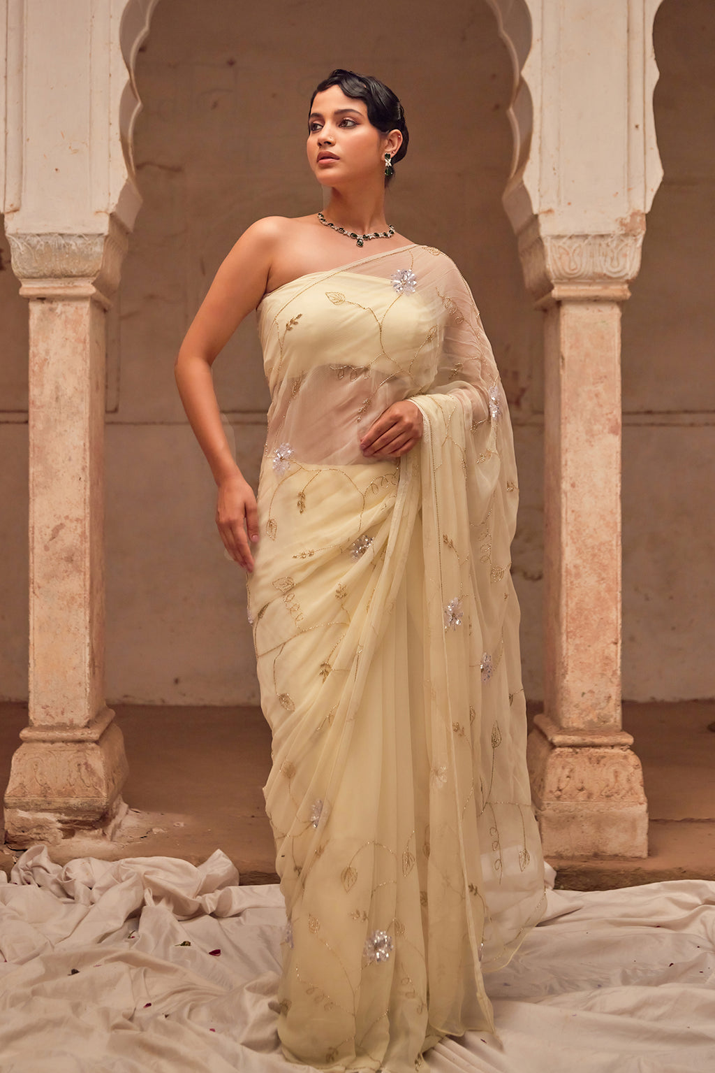 Off White Hand Embroidered  Chiffon Saree Set With Black Silk Cape