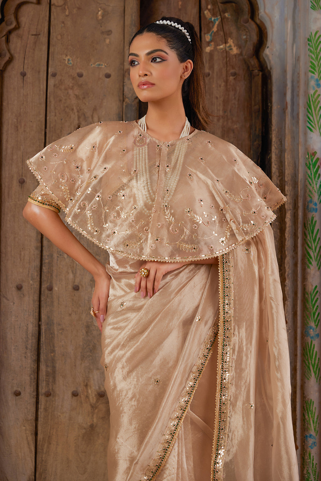 Gold Embellished Pure Tissue Saree With Designer Cape