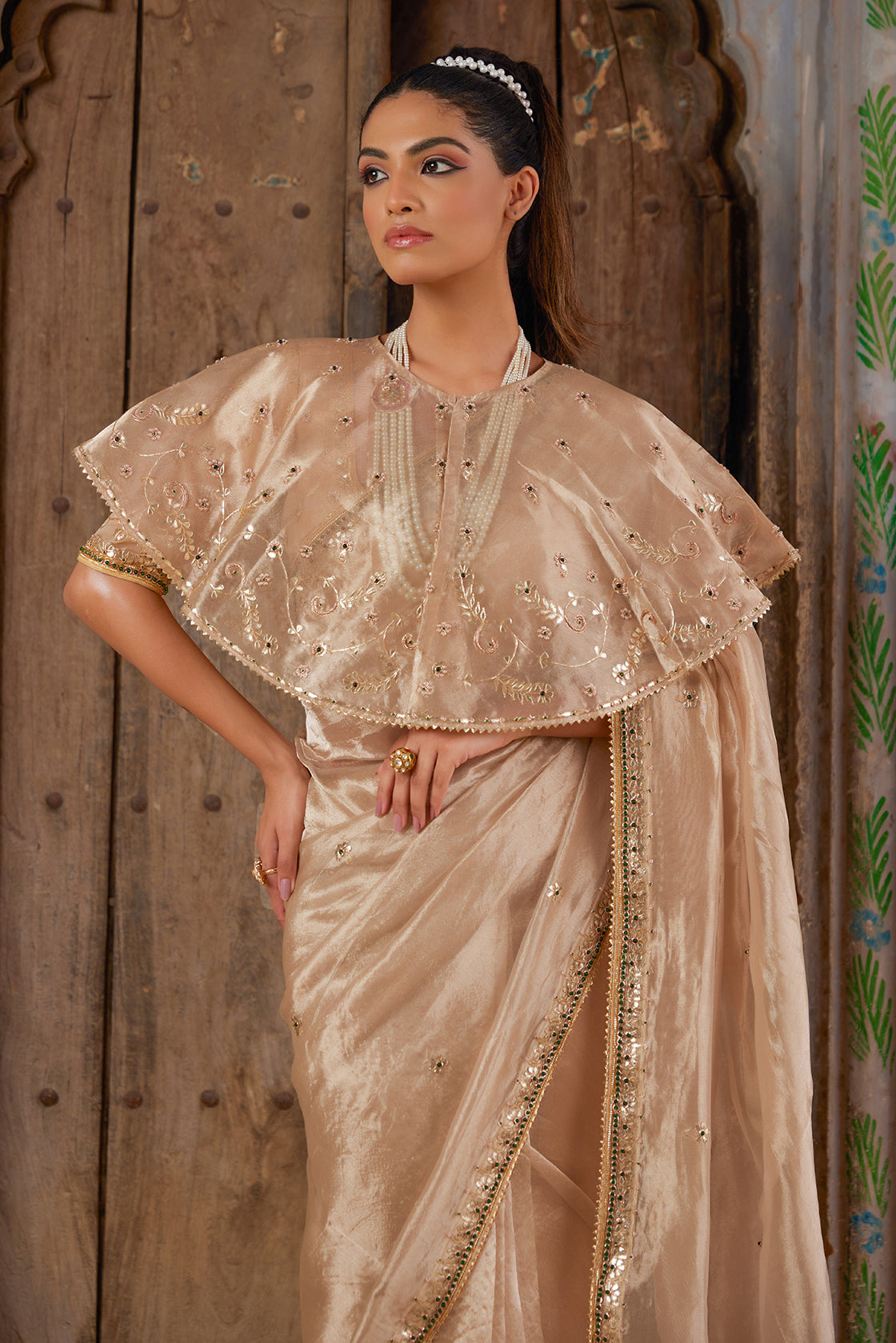 Gold Embellished Pure Tissue Saree With Designer Cape