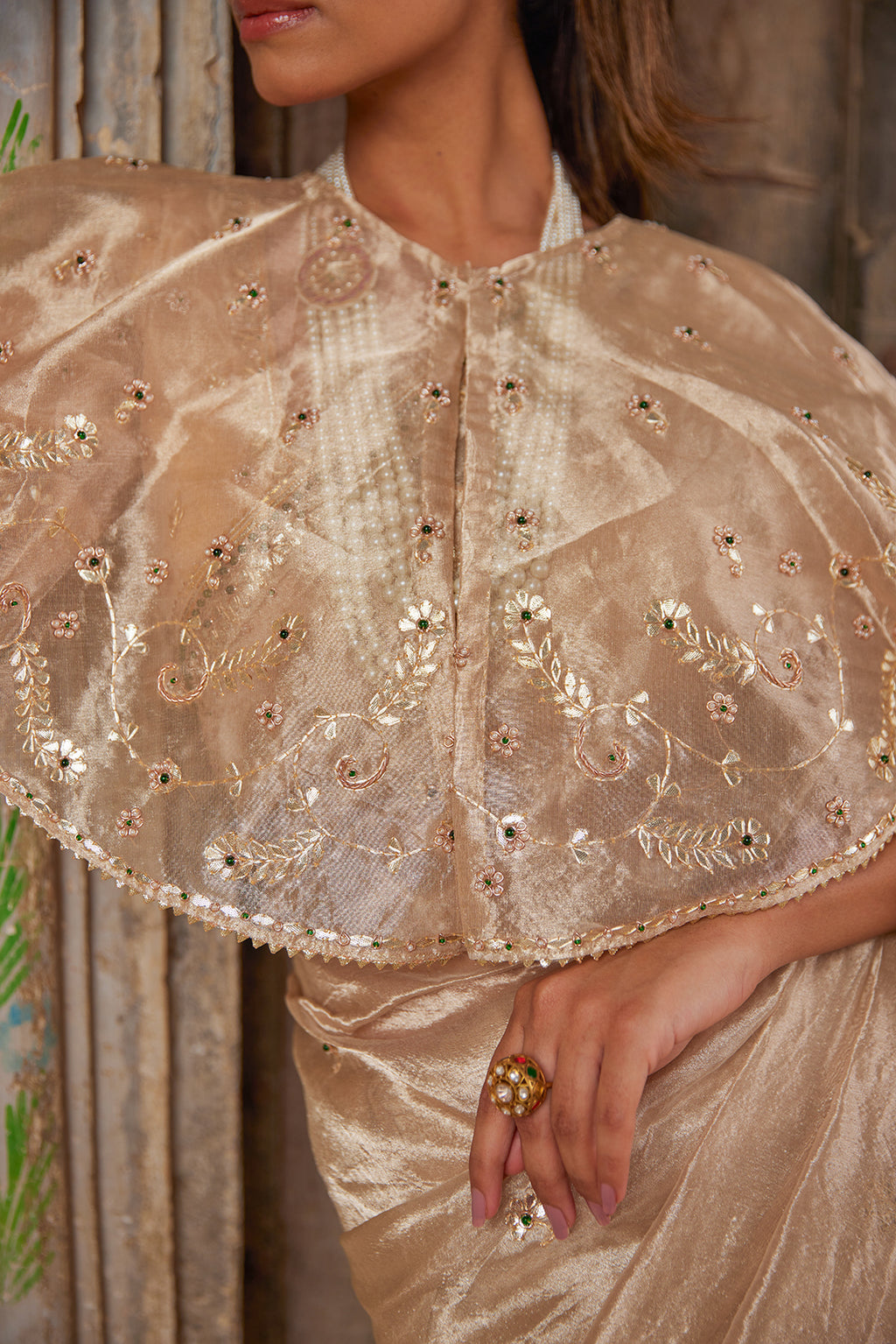 Gold Embellished Pure Tissue Saree With Designer Cape
