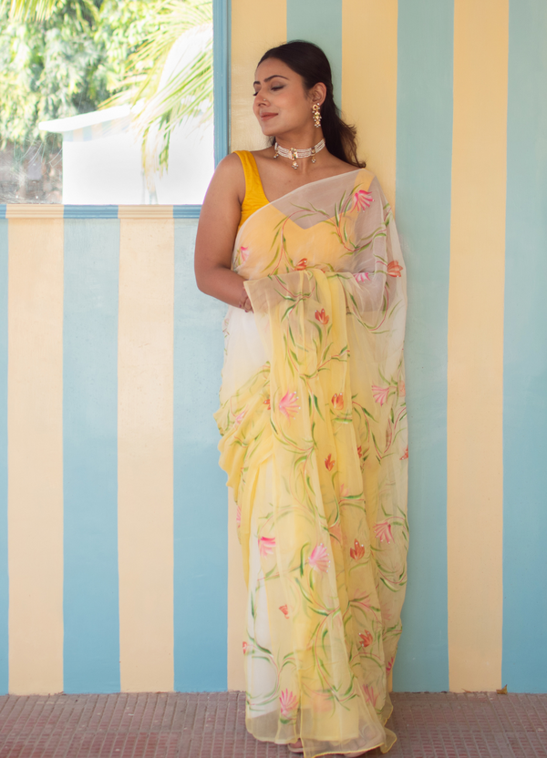 Yellow-White Shaded Hand Painted Floral Chiffon Saree