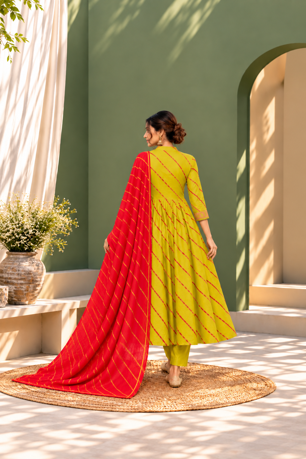 Green Leheriya Pure Cotton Chanderi 3-Piece Kurta Set