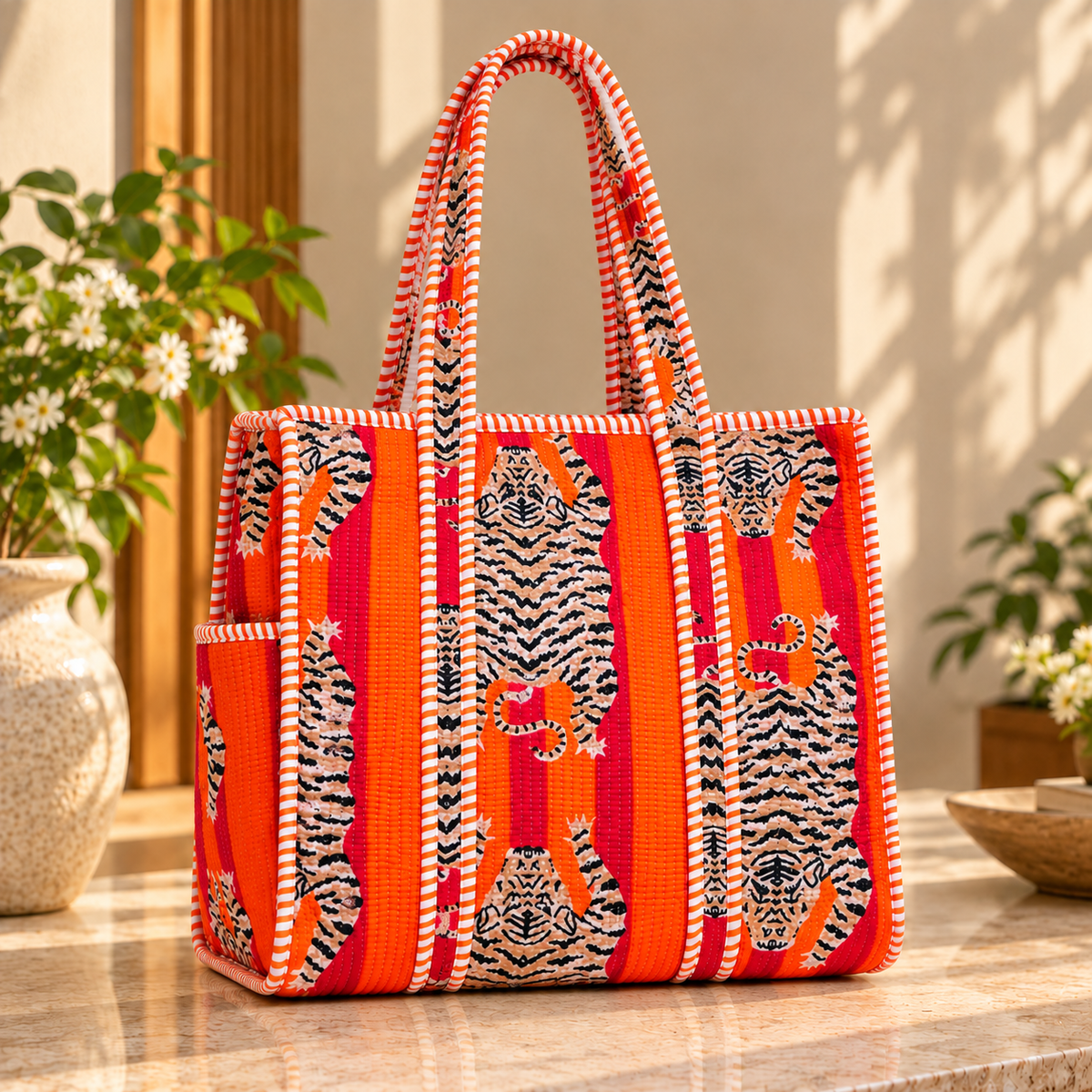 Orange & Pink Animal Printed Quilted Tote Bag
