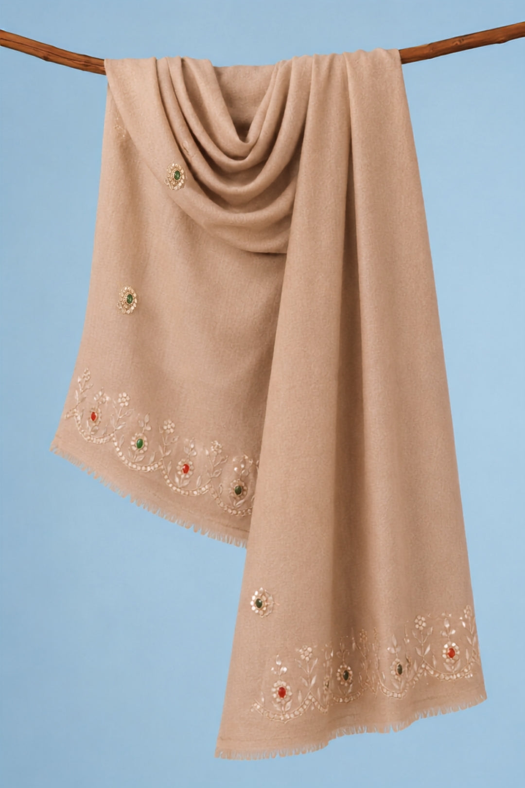 Beige Hand Embroidered Gota Patti-Zardosi Woolen Shawl