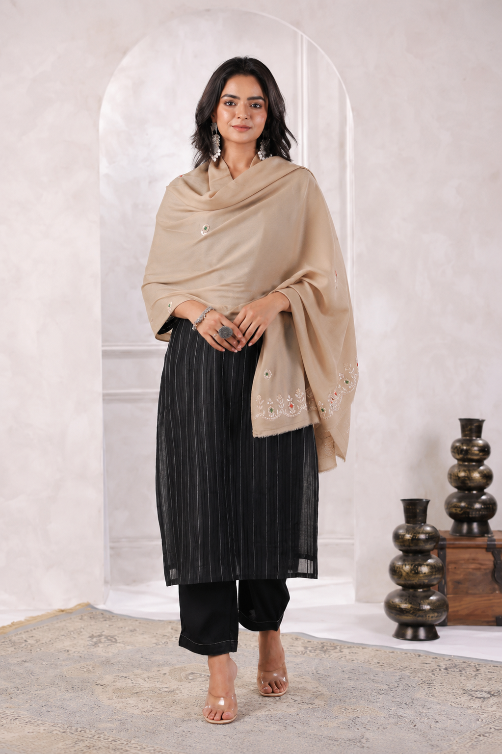 Beige Hand Embroidered Gota Patti-Zardosi Woolen Shawl