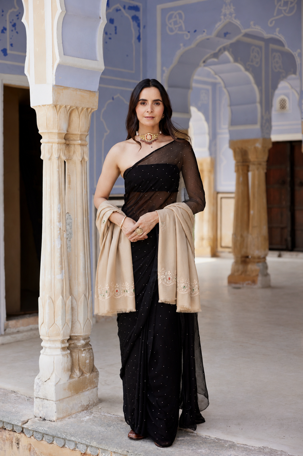 Beige Hand Embroidered Gota Patti-Zardosi Woolen Shawl