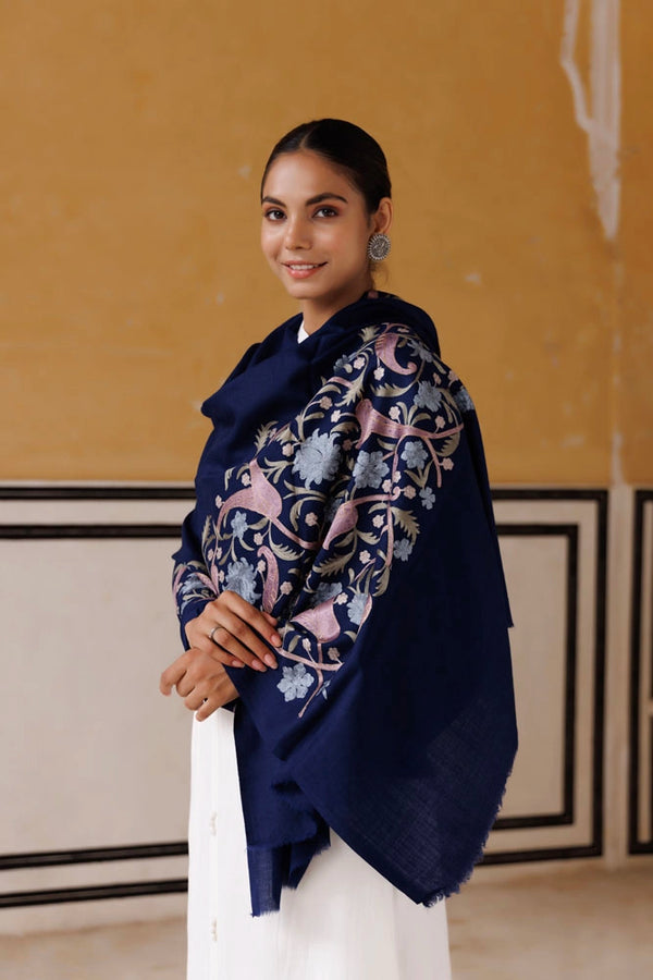 Navy Blue kashmiri hand embroidered woolen shawl