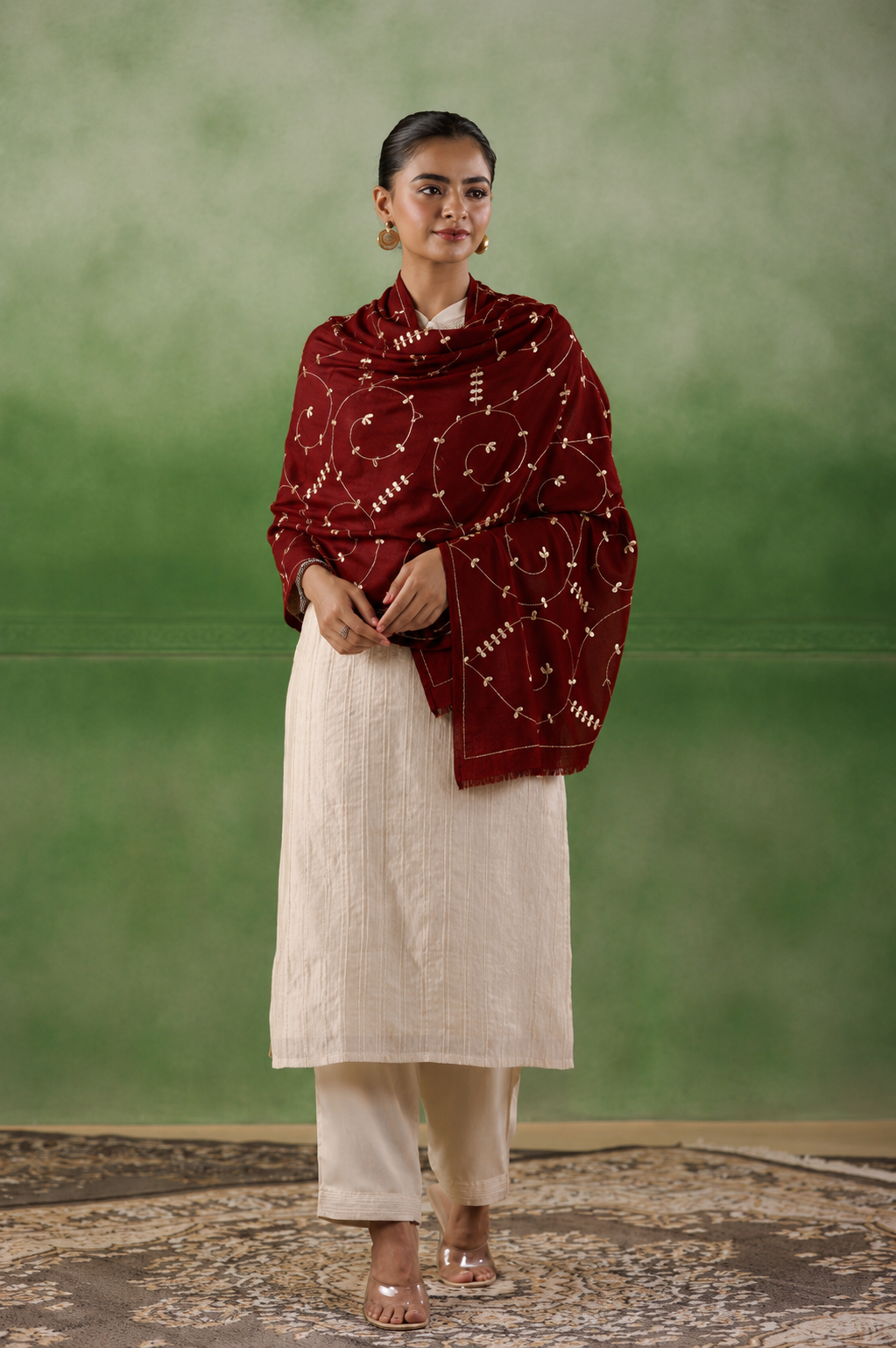 Maroon Hand Embroidered Gota Patti Woolen Shawl