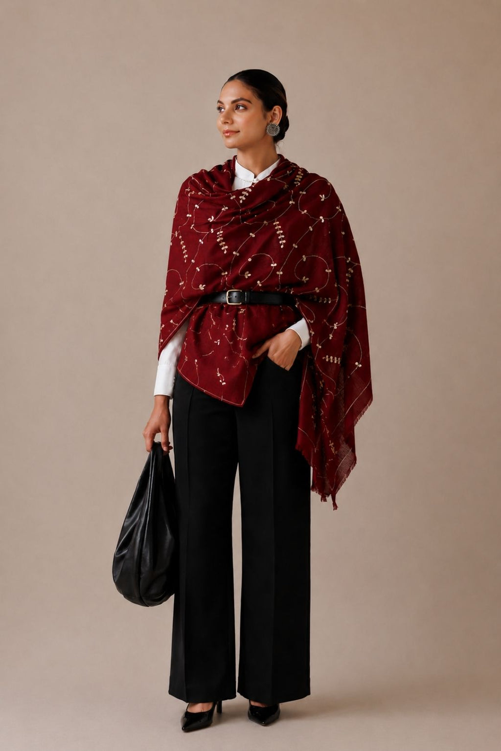 Maroon Hand Embroidered Gota Patti Woolen Shawl