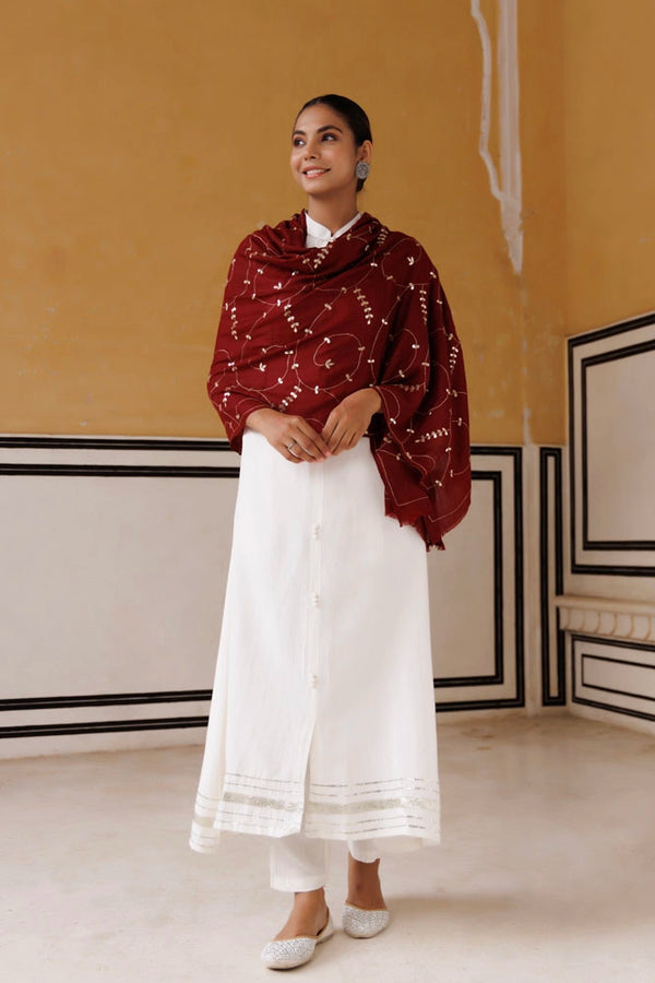 Maroon hand embroidered gota patti woolen shawl
