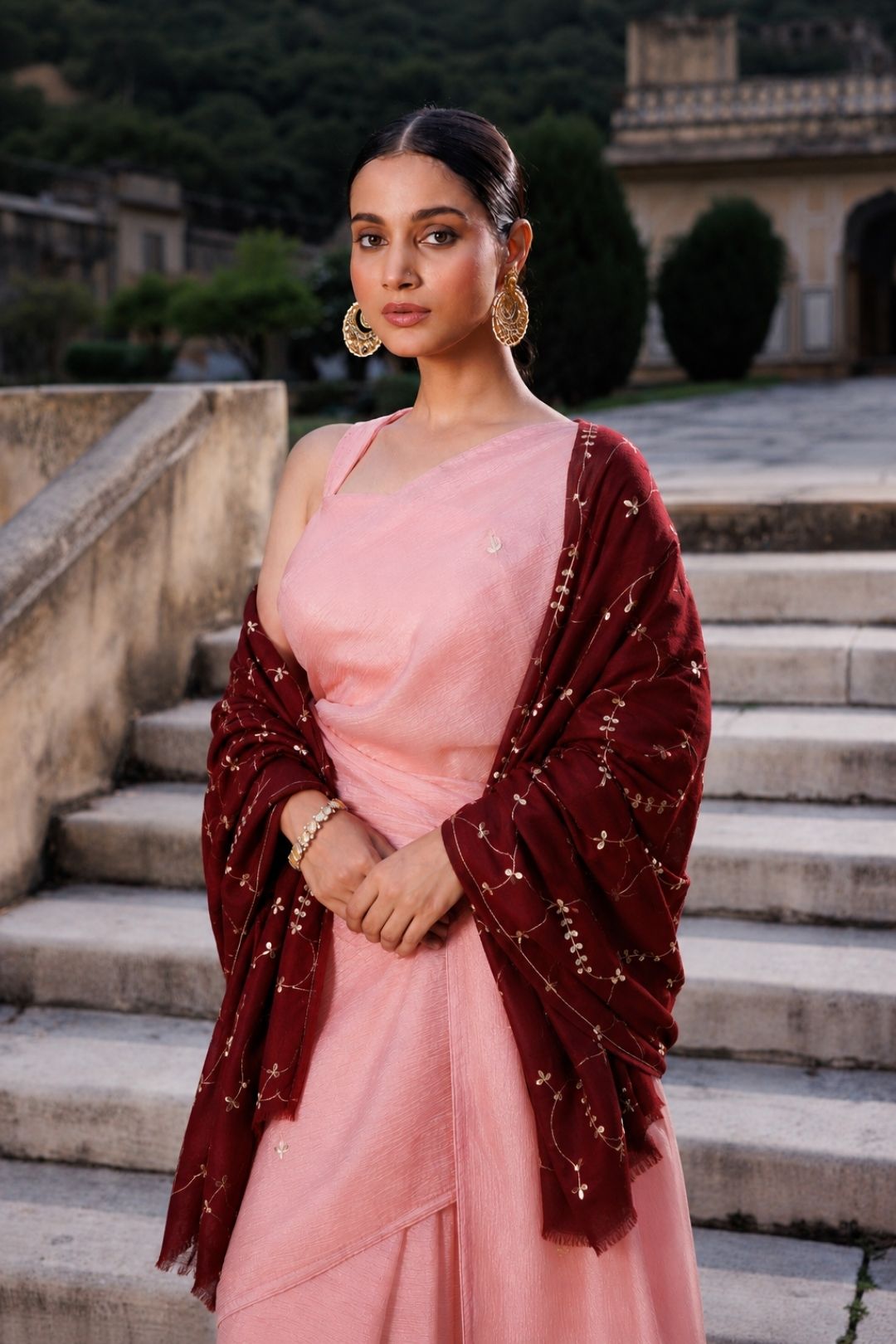 Maroon Hand Embroidered Gota Patti Woolen Shawl