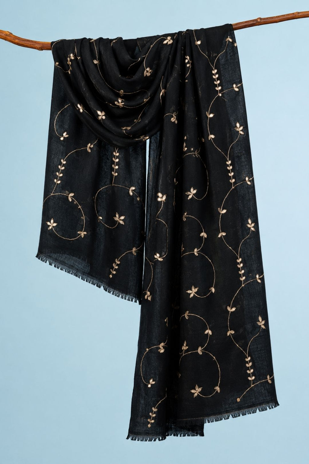 Black Hand Embroidered Gota Patti Woolen Shawl