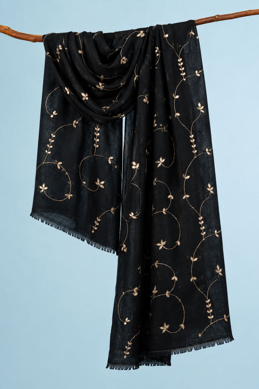 Black Hand Embroidered Gota Patti Woolen Shawl
