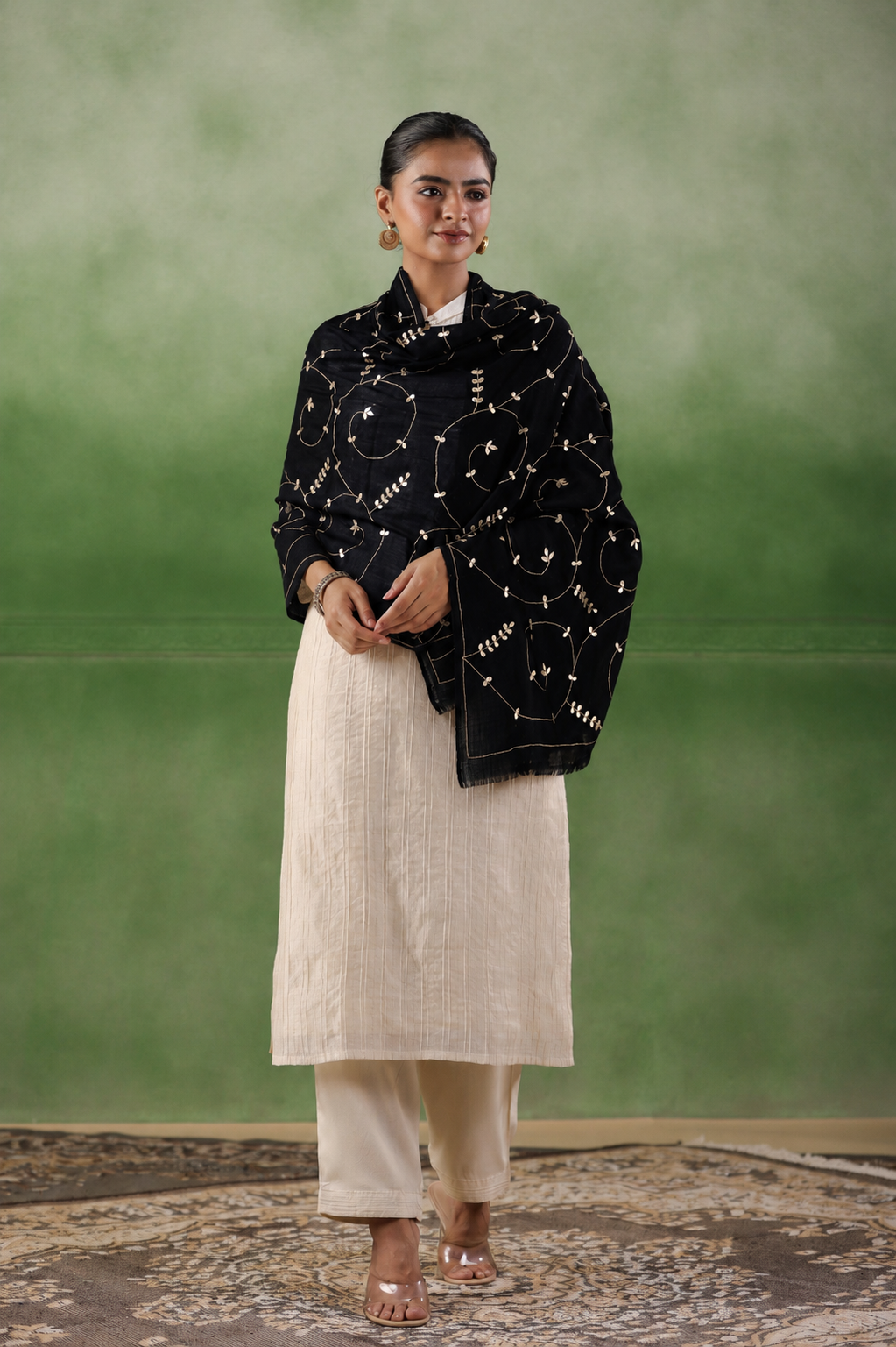Black Hand Embroidered Gota Patti Woolen Shawl