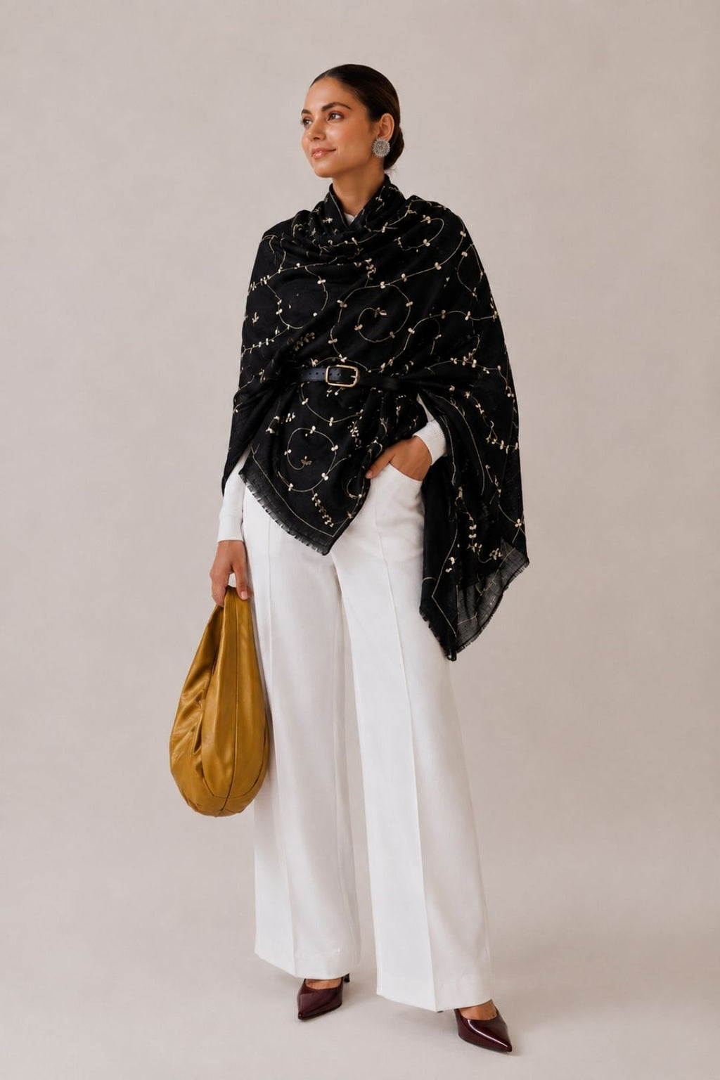 Black Hand Embroidered Gota Patti Woolen Shawl