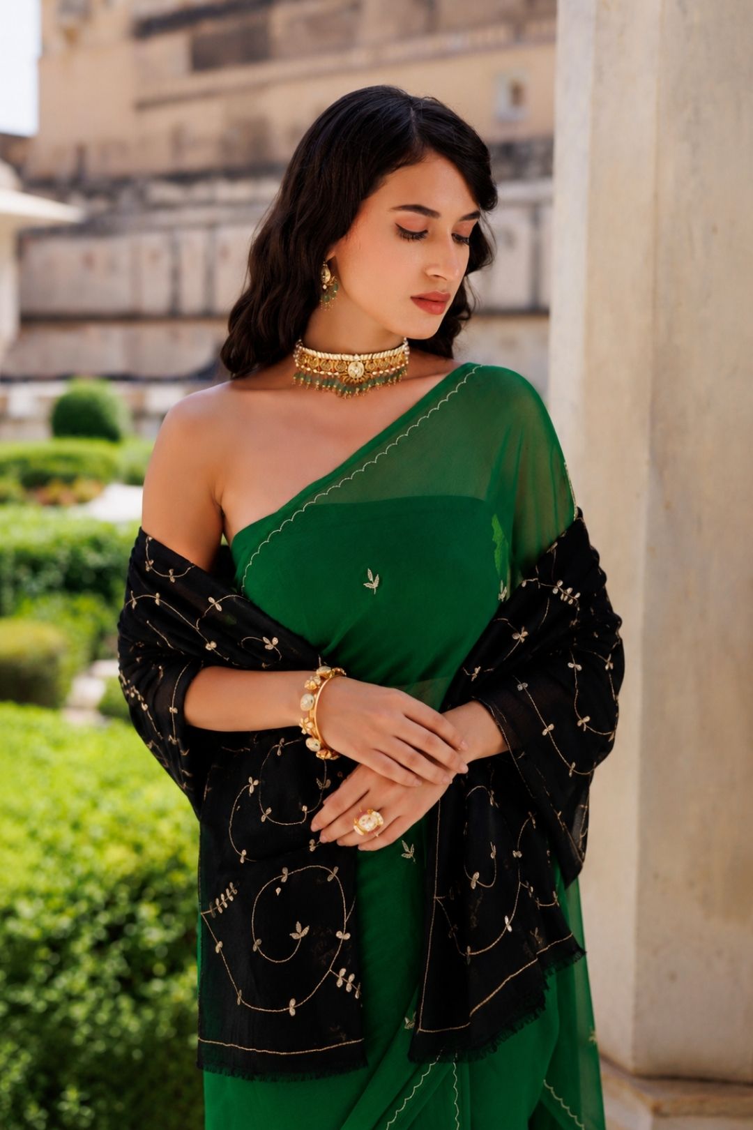 Black Hand Embroidered Gota Patti Woolen Shawl