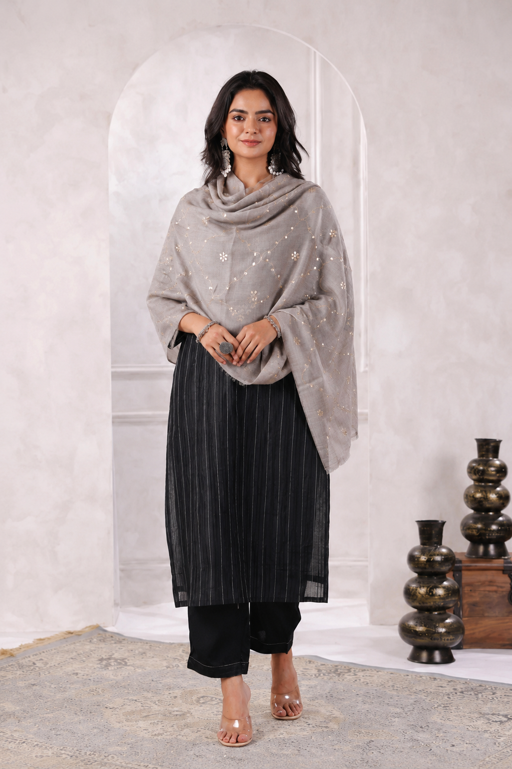 Grey Handcrafted Gota Patti Embroidered Woolen Shawl
