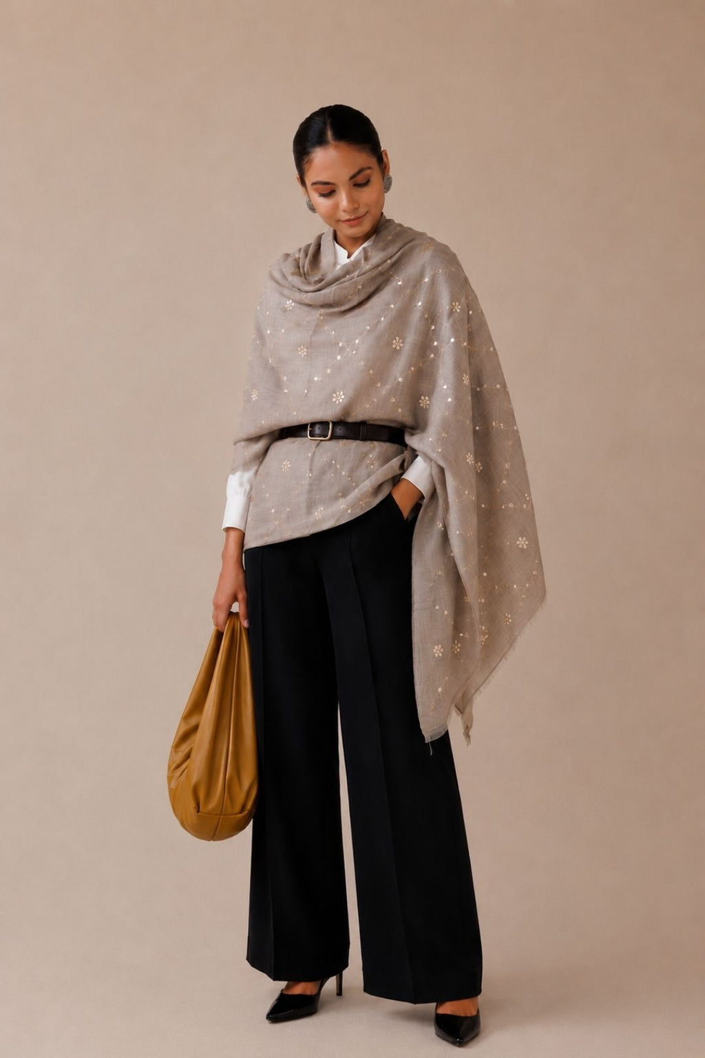 Grey Handcrafted Gota Patti Embroidered Woolen Shawl