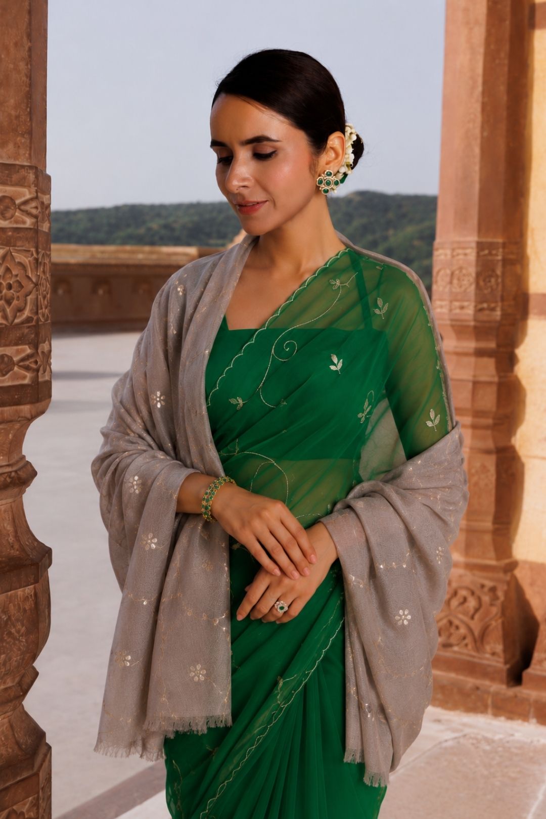 Grey Handcrafted Gota Patti Embroidered Woolen Shawl