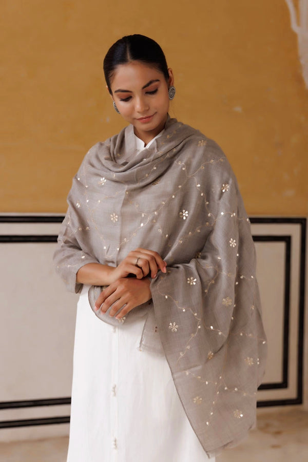 Grey hand embroidered gota patti woolen shawl