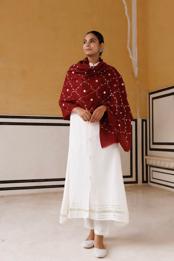Maroon hand embroidered gota patti woolen shawl