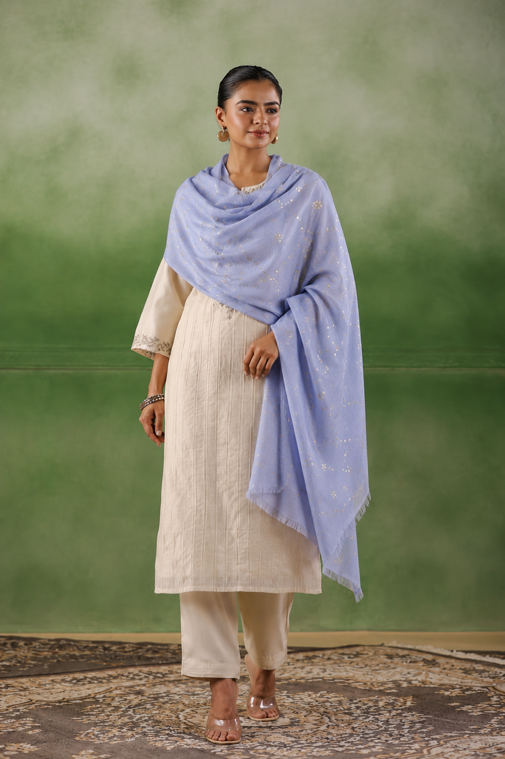 Powder Blue Hand Embroidered Gota Patti Woolen Shawl