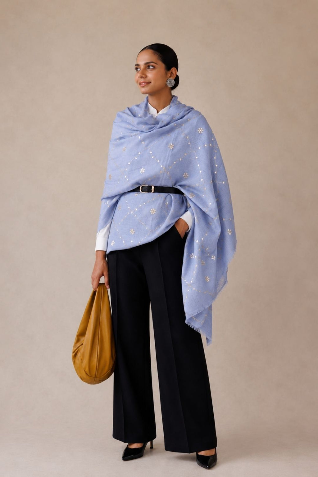 Powder Blue Hand Embroidered Gota Patti Woolen Shawl