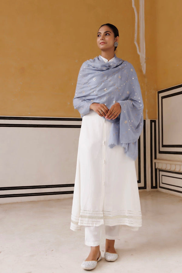 Powder blue hand embroidered gota patti woolen shawl