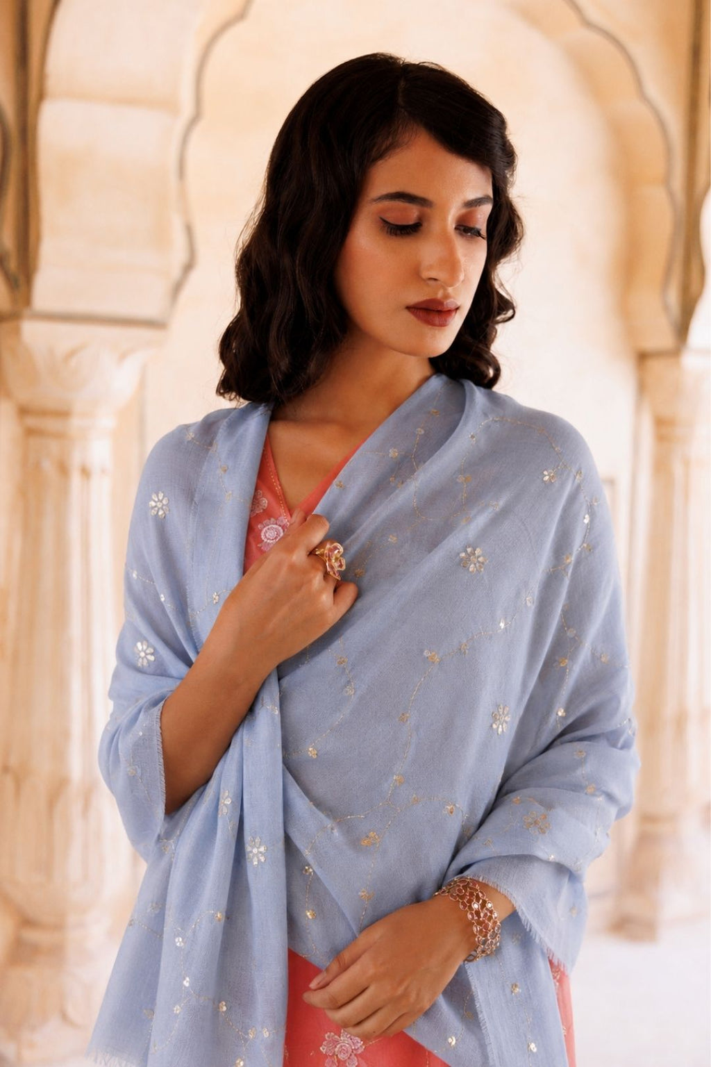 Powder Blue Hand Embroidered Gota Patti Woolen Shawl