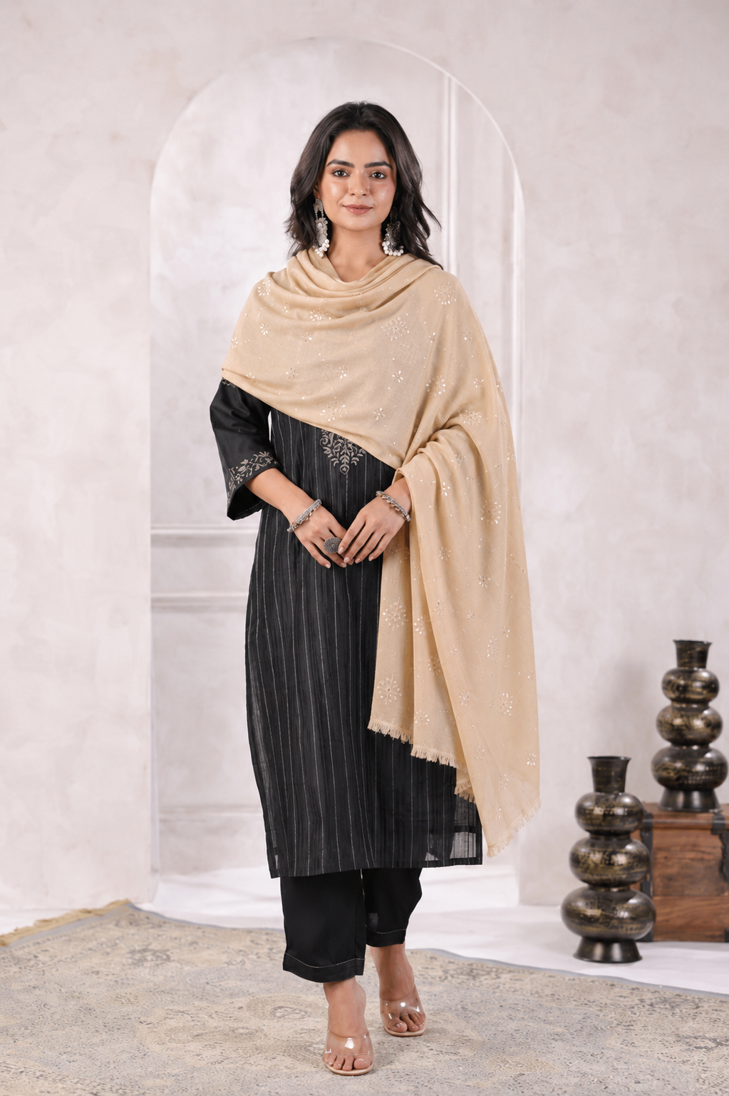Beige Hand Embroidered Gota Patti Woolen Shawl