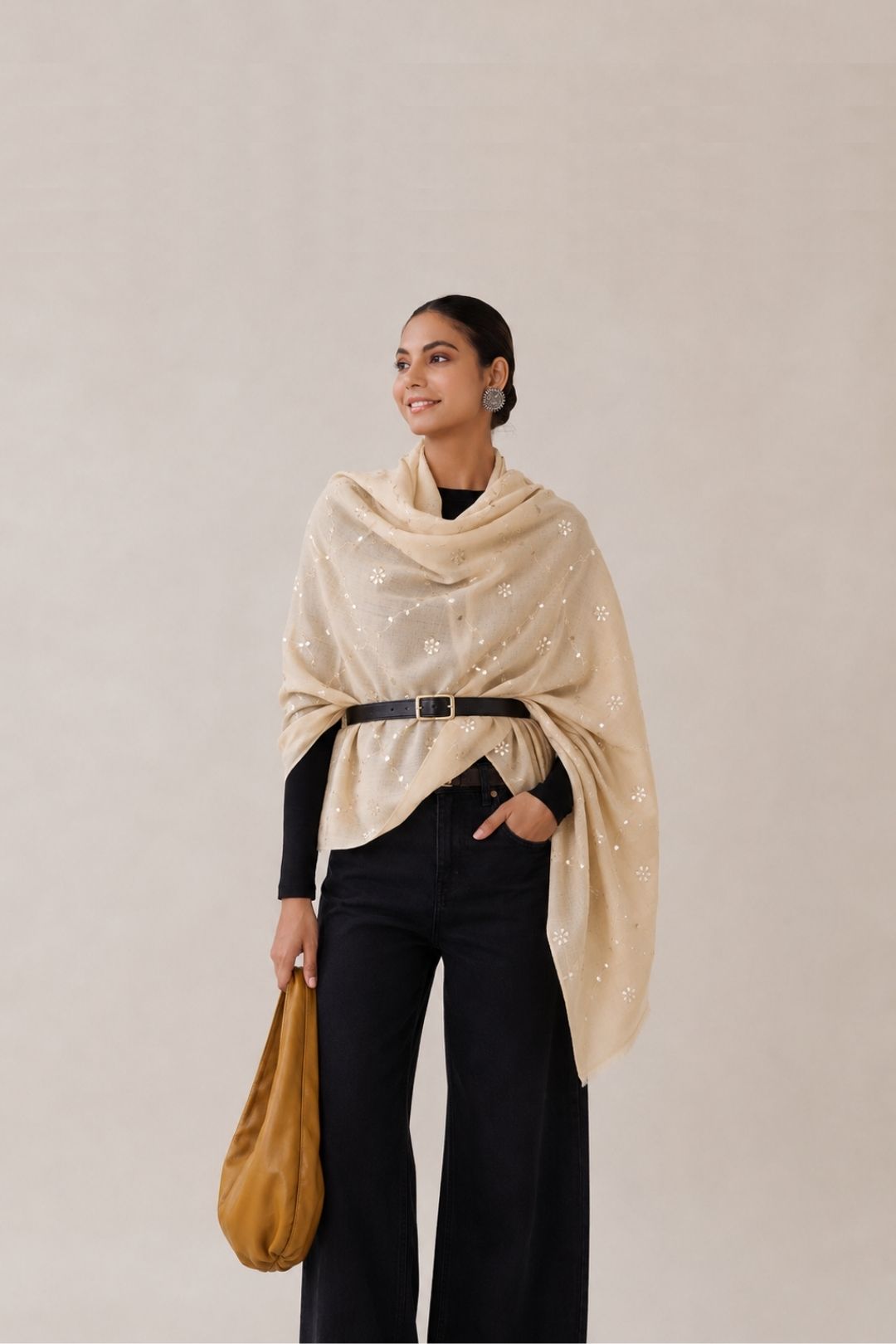 Beige Hand Embroidered Gota Patti Woolen Shawl