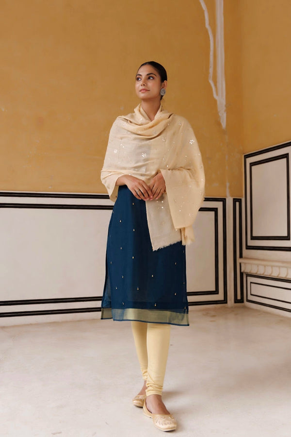 Beige hand embroidered gota patti woolen shawl