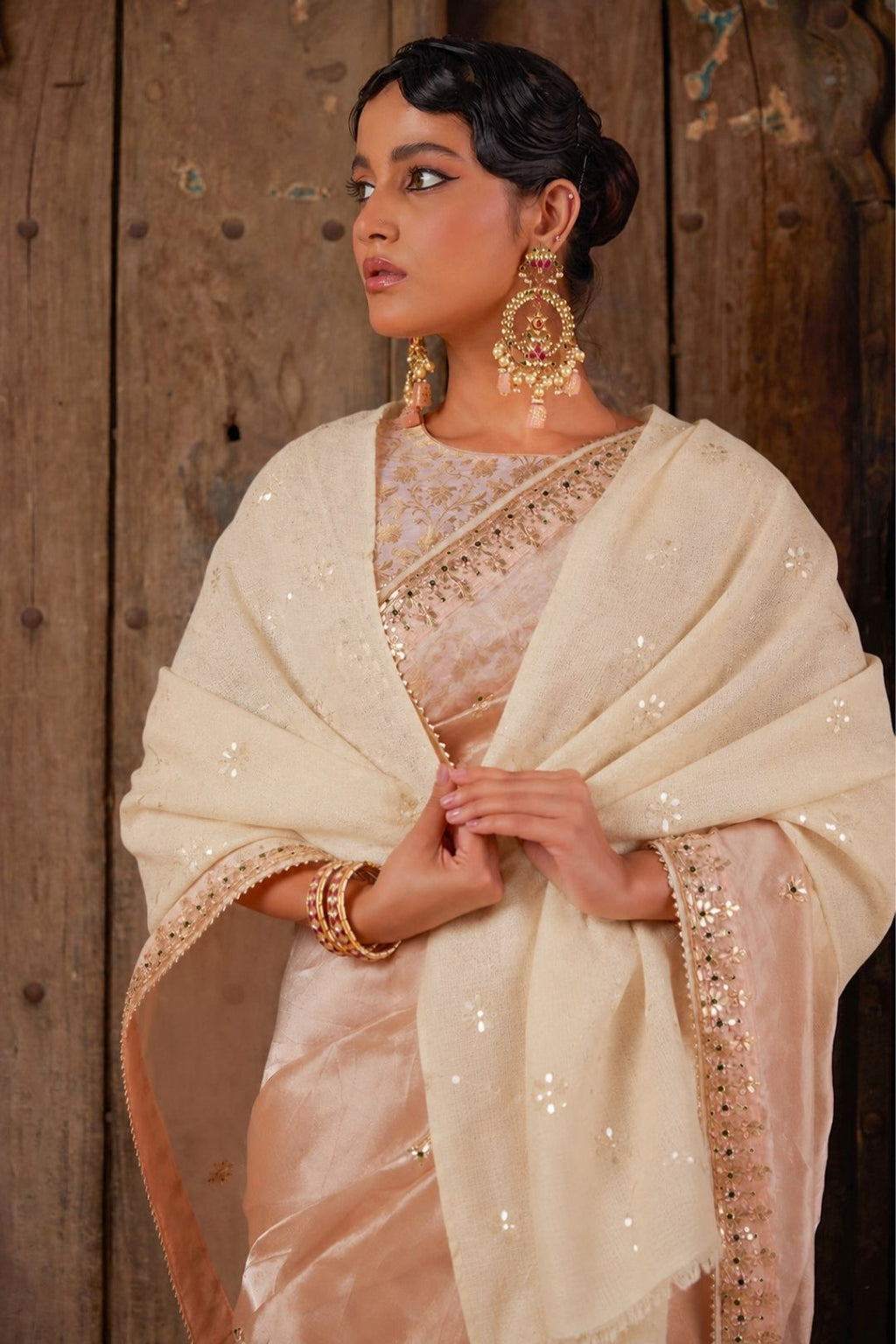 Beige Hand Embroidered Gota Patti Woolen Shawl