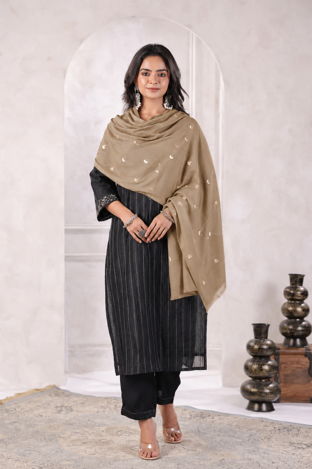 Green Handcrafted Gota Patti Embroidered Woolen Shawl
