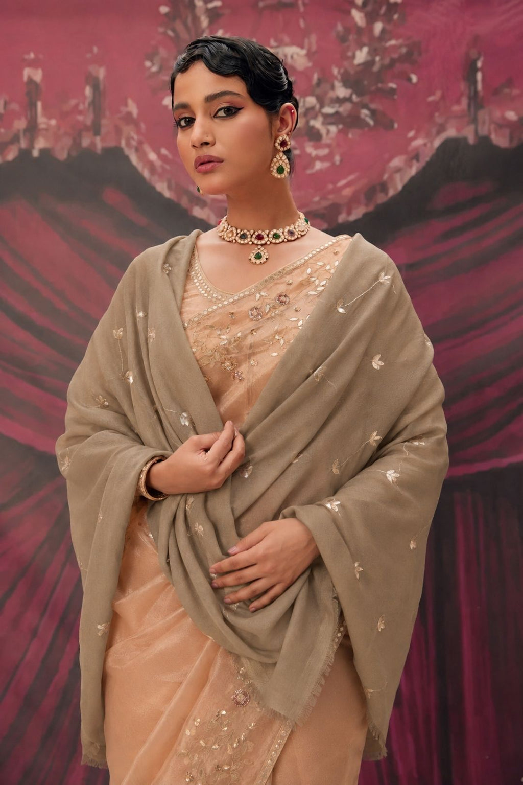 Green Handcrafted Gota Patti Embroidered Woolen Shawl